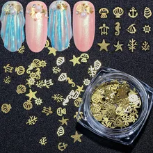 120 шт океан полые золотые блестки для ногтей Морская Раковина Морская звезда морские водоросли летние хлопья 3D металлическая палитра блесток для ногтей Маникюрные JI970-A
