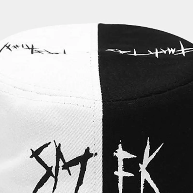 Men Women Summer Black White Color Block Bucket Hat Star Eye Graffiti Printed Patchwork Harajuku Hip Hop Outdoor Fisherman Cap