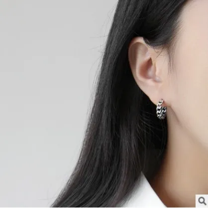 Vintage Real 925 Sterling Silver Earrings Woman Link Chain Shaped Punk Antique Silver Hoop Earring Female Decoration EF236 - Окраска металла: Retro Silver