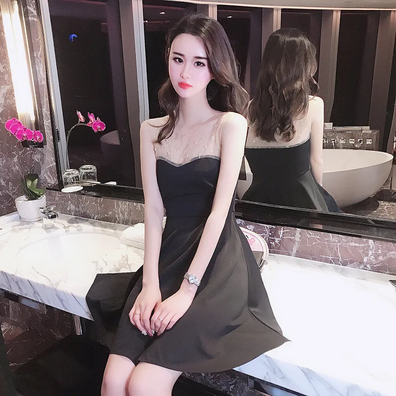 

2019 Spring And Summer New Style Fake Two-Piece Elegant High Cold Fan WOMEN'S Dress Transparent Gauze Sexy Dress