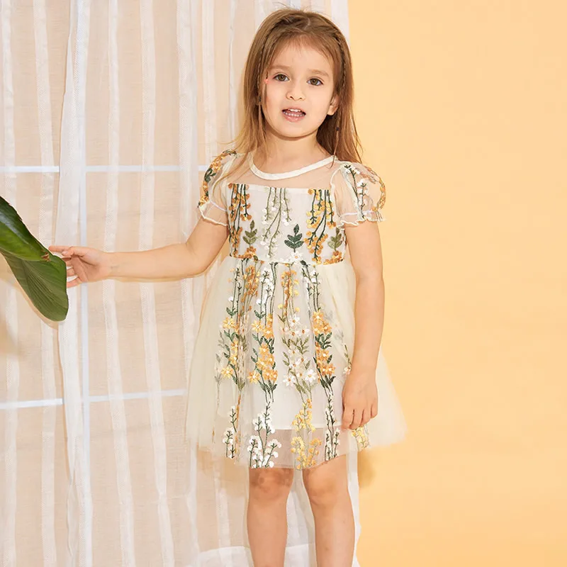 Фатиновое платье с цветочным рисунком для девочек; летняя модная одежда для малышей; цвет бежевый, белый; платья для маленьких девочек; нарядные вечерние платья; Vestidos