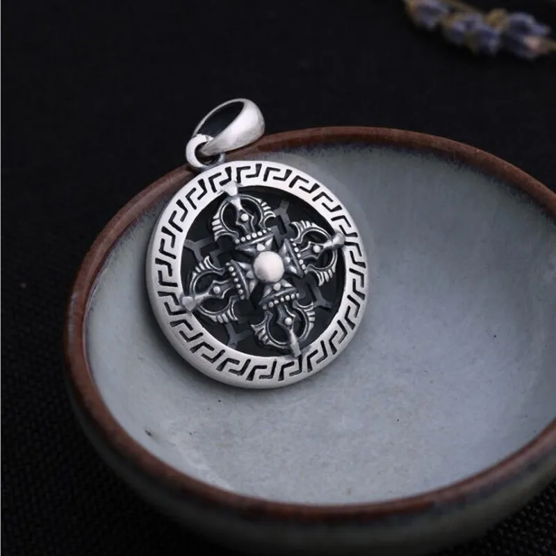 Real S990 Pure Silver Buddhist Pendant For Man Retro Eethnic Style Good Luck Ward Off Evil Jewelry