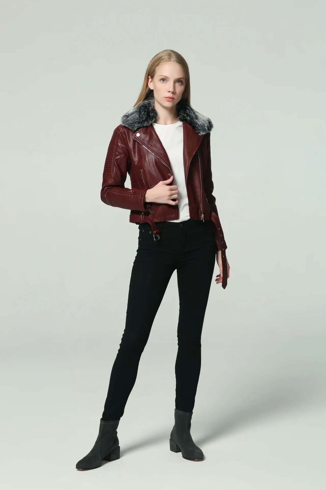 

Autumn New Style Europe And America WOMEN'S Dress Fashion Fur Collar Joint Pu Loose-Fit Leather Coat Jacket W2434