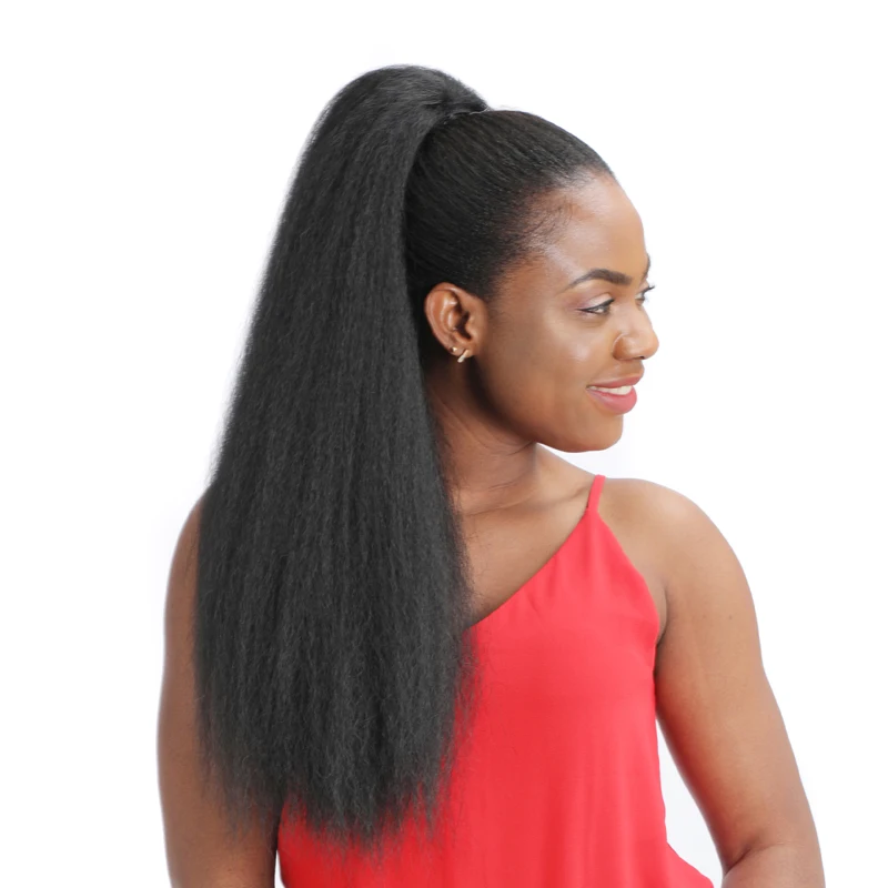 Cabelo de Cavalo Sintético com Grampo em Cordão Rabo de Pônei Longo Kinky Reta Feminino Ombre Loira Fack 2 Cabelo de cavalo sintético com grampo em