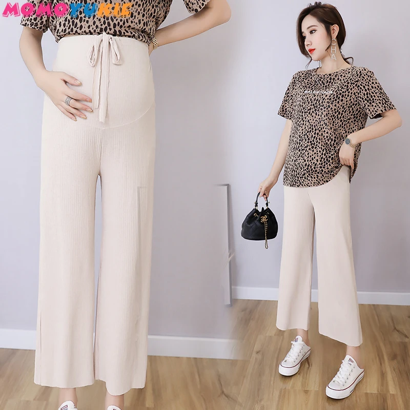 Belly-Trousers Pregnant-Pant Women for OL Formal-Work Leg Elastic-Waist Thin Wide 9/10-Length