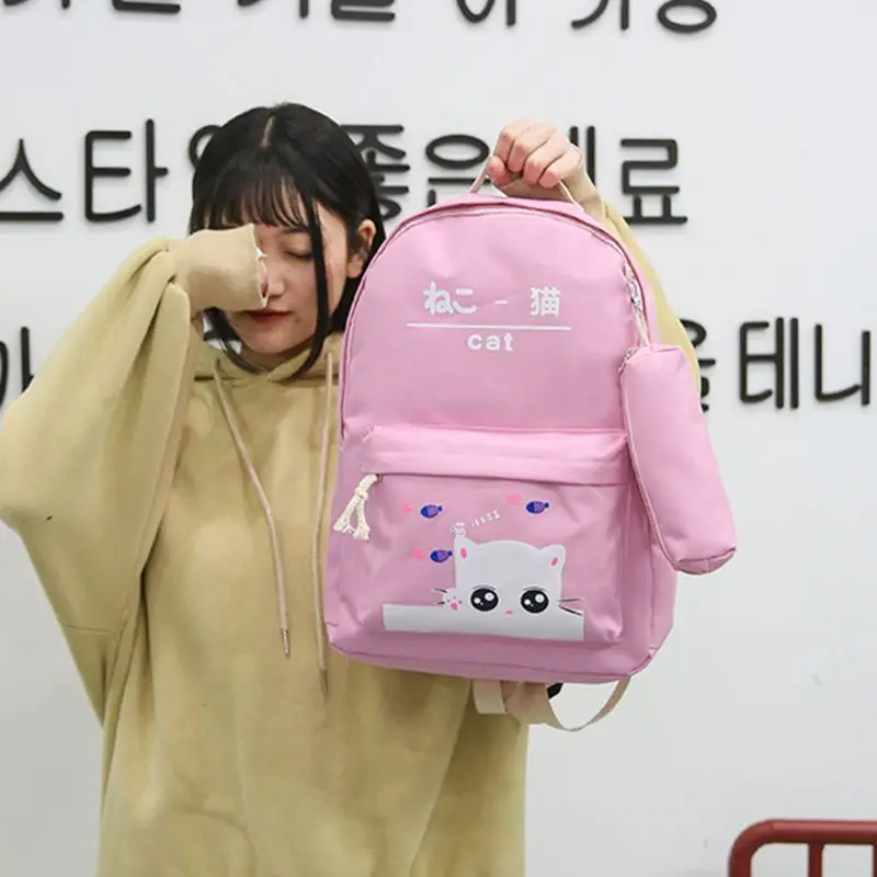 5pcs Adorable Cute Cat Print Canvas Women Girl Backpack Laptop Daypack Student School Shoulder Bag Bookbag Pencil Case Purse Set