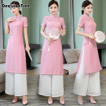 

2020 women chiffon vietnam aodai traditional clothing ao dai vietnam robes + pants piece set female chinese improved cheongsam