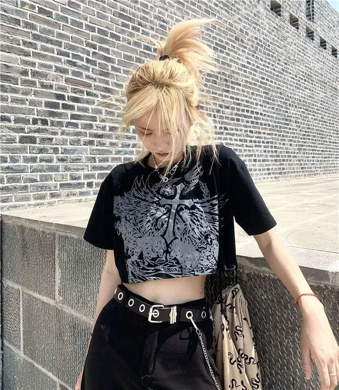 Gothic Stijl Crop Top Harajuku Grafische T-shirt Voor Vrouwen Ulzzang Tshirt Zomer Tee Short Goth Kleding Korte Mouw album y2k