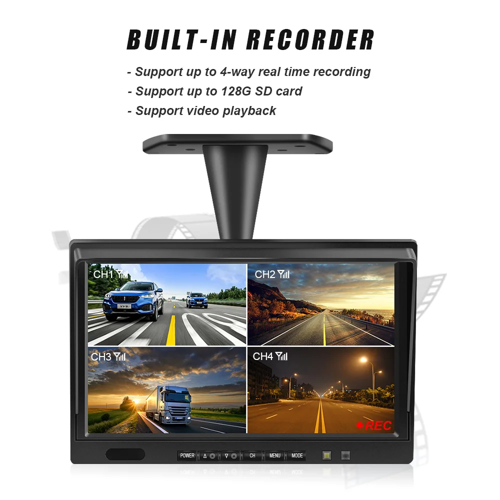 10.1 inch AHD 4ch Recorder DVR Car Monitor Vehicle Truck Night Vision Rear View Camera Security Surveillance Split Screen Quad