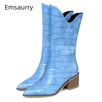 

Multicolor Stone Grain Real Leather Runway Boots Sexy Point Toe Sewing Patchwork Square Heel Autumn Winter Boots Women