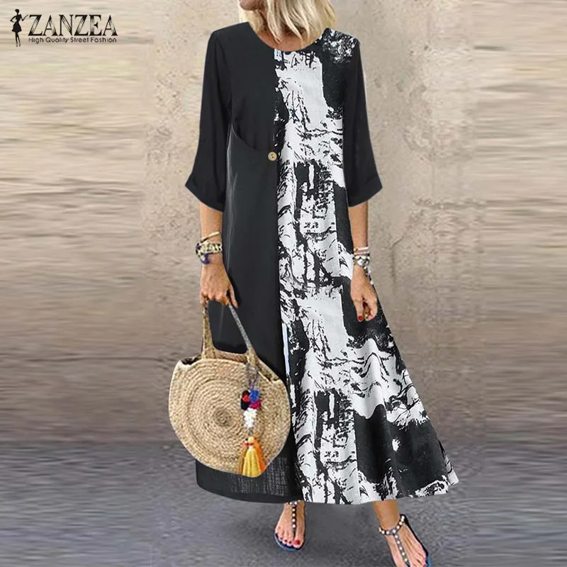 ZANZEA, винтажное платье макси с принтом, женский летний сарафан в стиле пэчворк, осенняя туника с рукавом 3/4, Vestidos, женская повседневная одежда, 5XL