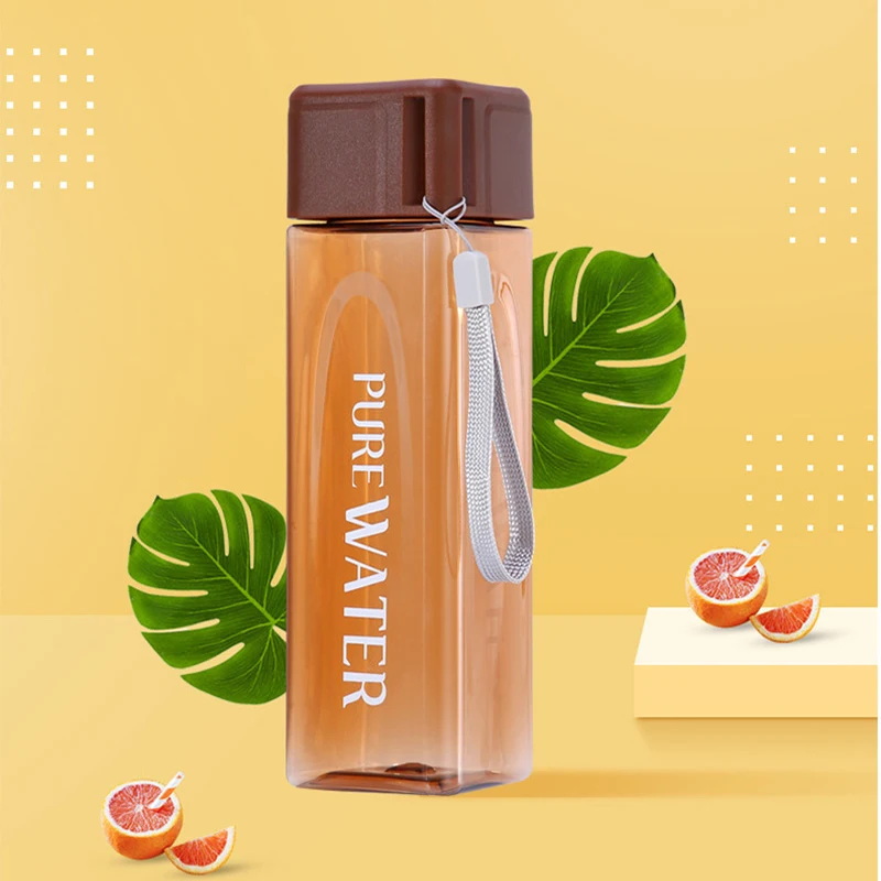 480ml Square Water Bottle Plastic Drinking Bottle Sports Water Cup With Portable Rope Leak-Proof Outdoor Juice Bottle Drinkware