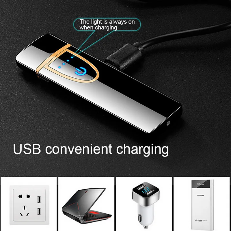 2019 New USB Metal Charging Lighter windprood electronic lighters Touch sensitive for men gadgets cigarette Smoking Accessories