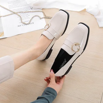 

2020 New Style Loafers Women's British-Style Black Work Leather Shoes Belt Buckle Flat Keel Thin Shoes Large Size