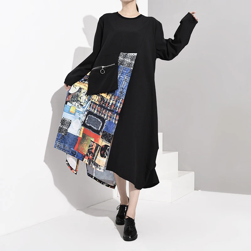 LANMREM Новая модная женская рубашка с длинными рукавами женские толстовки Vestido пуловер с принтом свободное асимметричное платье WJ23501