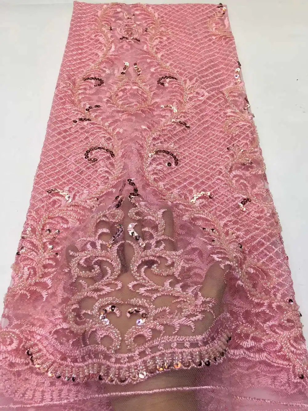 

2019 new pink Beaded sequins lace Luxury French tulle lace for bridal 5 yard DG769
