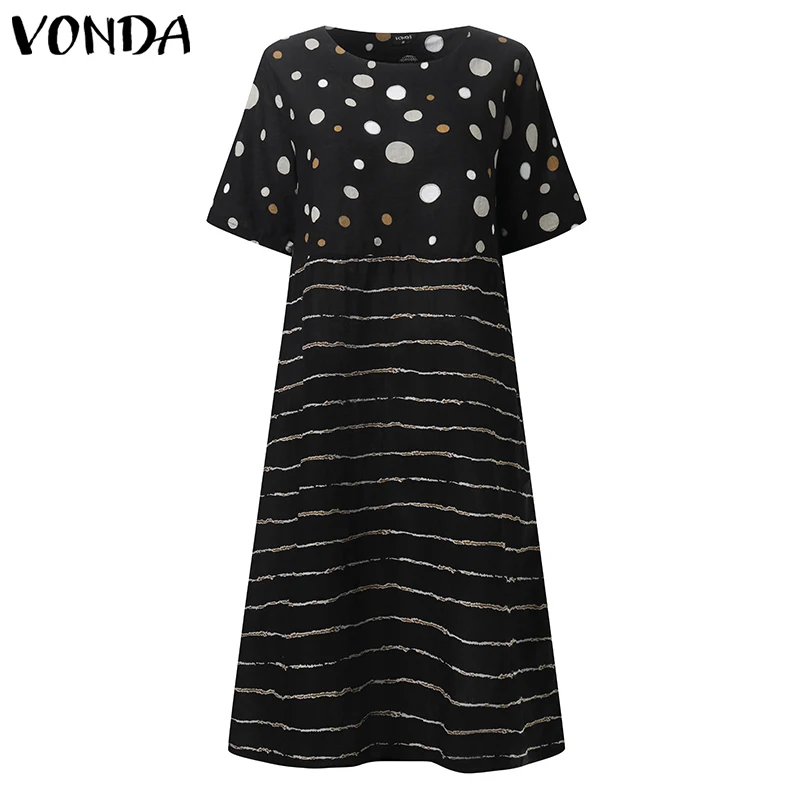 VONDA, элегантное женское платье, повседневное, круглый вырез, короткий рукав, в полоску, пэтчворк, платье размера плюс, летний сарафан, богемное платье, 5XL
