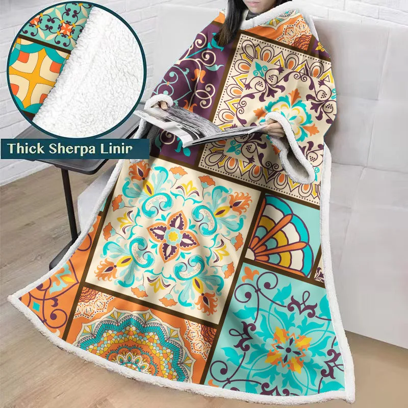

Wearable Bohemian Sherpa Fleece Blanket with Sleeves Winter Warm Portable Bed Blanket for Sofa Anti-pilling Home Wear Soft Manta