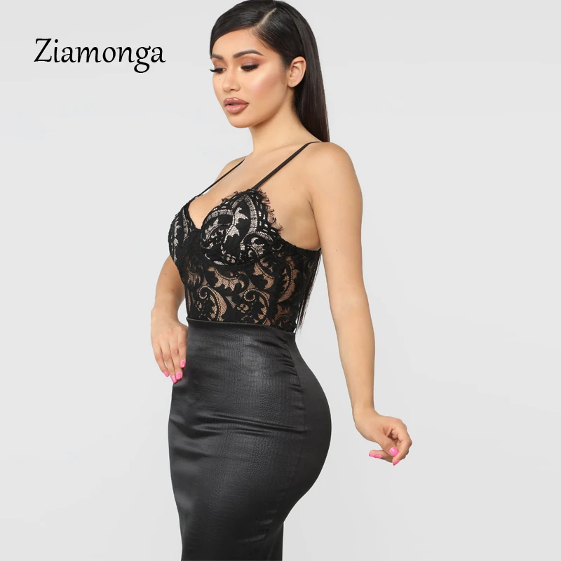 Ziamonga Sheer Lace Bodysuit Women Sexy Spaghetti Strap V-Neck Push Up See Through Jumpsuit Women Lace Bodysuits 2019 Summer New