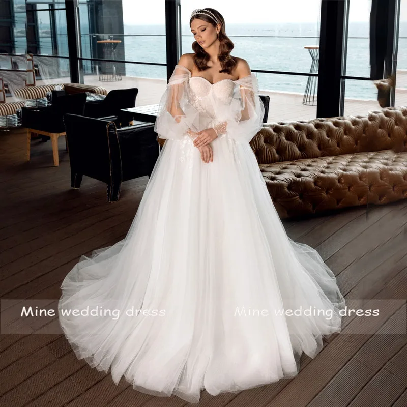 New Design Sweetheart Appliques Pleats Puff Sleeve Lace Up Tulle A-line Wedding Dress Bridal Gowns Vestido De Noiva