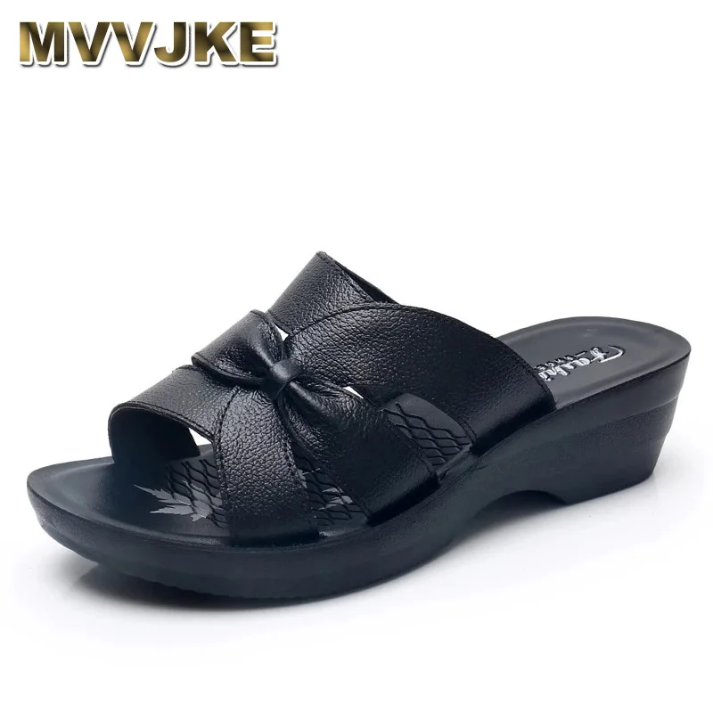 

Женские кожаные шлепанцы MVVJKEsummer, уличная одежда на танкетке, мягкая нескользящая подошва, пляжные сандалии и тапочки