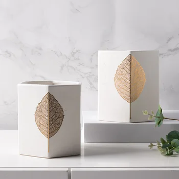 

NORDIC STYLE MODERN WHITE CERAMIC VASE FLOWER POT GOLDEN LEAVES FLOWER ARRANGEMENT ACCESSORIES HOME DINING TABLE DECORATION