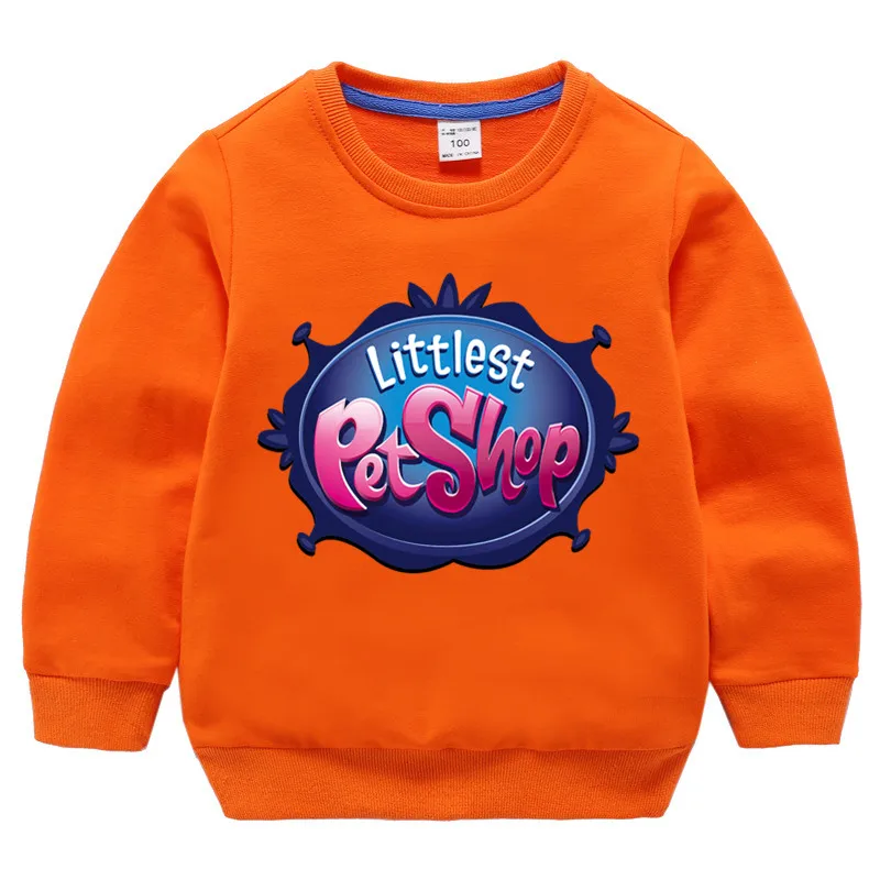 Детские хлопковые толстовки с капюшоном с принтом «Littlest Pet Shop»; хлопковый пуловер для девочек; топы для маленьких мальчиков; осенняя одежда - Цвет: T127E-orange