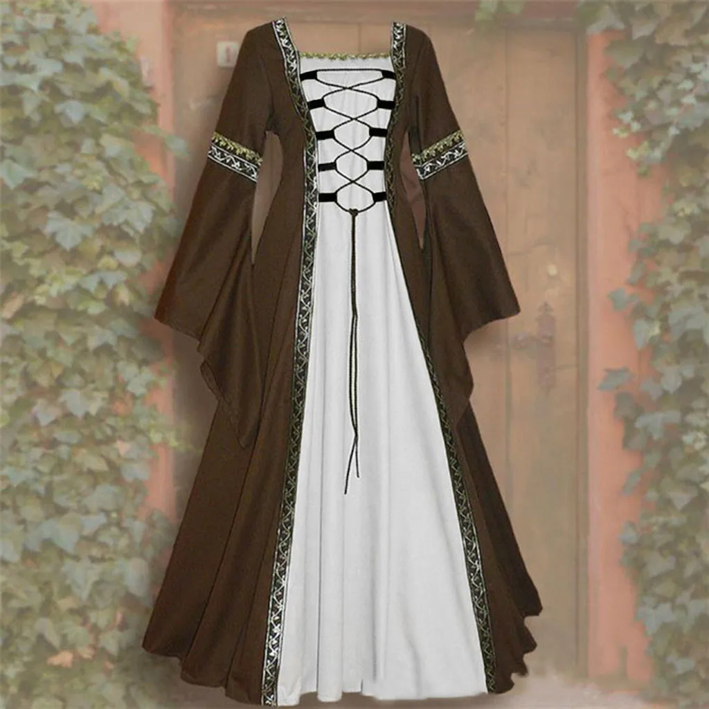 Women Celtic Medieval Floor Length Dress Cosplay Costume Carnival Middle Ages Stage Performance Gothic Court Victoria Dresses Cosplay Costume