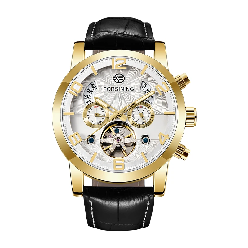 Forsining 5 Hands Tourbillion модный волнистый циферблат дизайн многофункциональный дисплей мужские часы лучший бренд класса люкс автоматические часы - Цвет: GOLD WHITE
