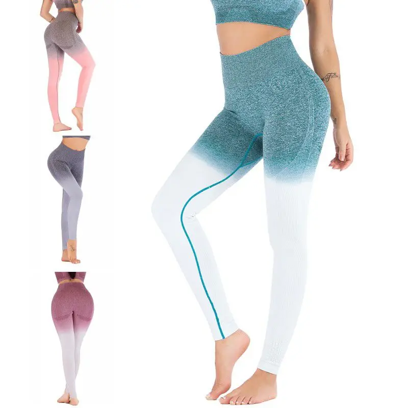 Yoga Pants Gradient Color High Waist Seamless Tight Fitness Trousers Hip Exercise Nine Pants