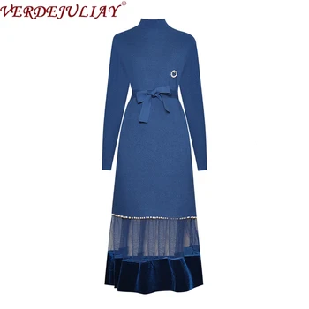 

VERDEJULIAY Autumn Fashion Runway Knitting Dress Women's Long Sleeve Flower Blue Black Belt Pearls Mesh Patchwork Velvet Dress
