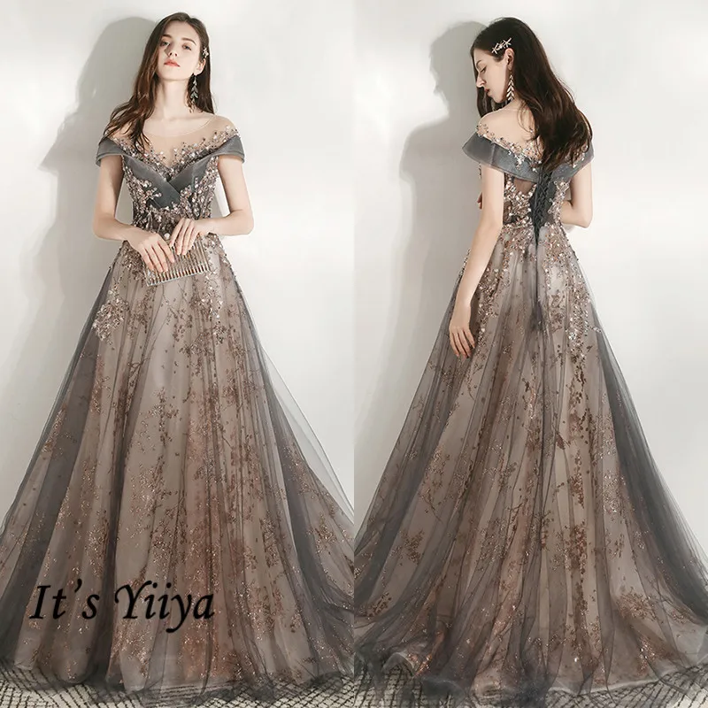 

It's Yiiya A-Line Formal Dress O-Neck Illusion Crystal Evening Dresses Long Plus Size Short Sleeve Beading Robe De Soiree K297