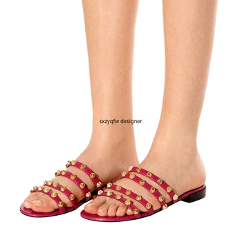 

Leather Black Giant Studded Lady Sandals Studs Slides Red Beach Strappy Slippers Vacation Flats Mules Large Size Fashion 2020