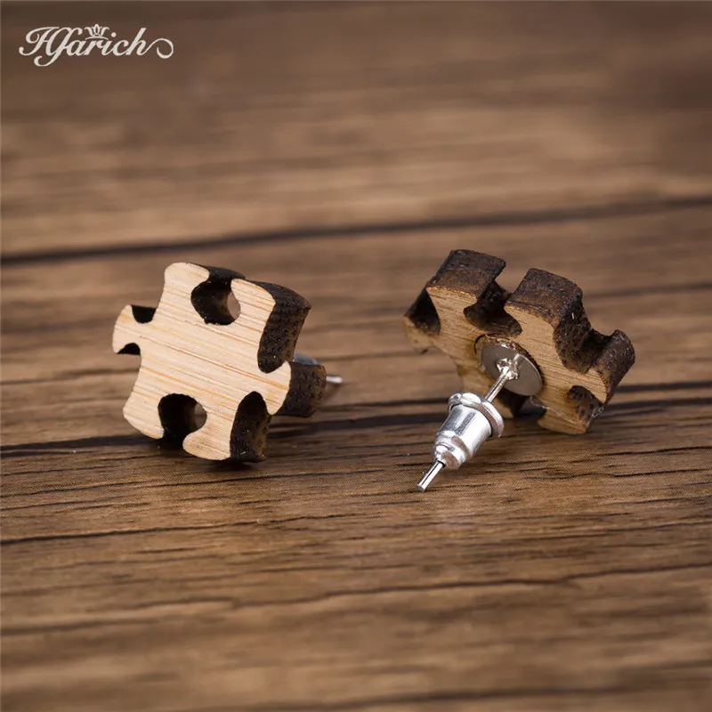 Puzzle Hfarich японский стиль, дерево звезда Diomand серьги для женщин девочек треугольник маленькие круглые шпильки геометрической формы серьги, украшения, подарок - Окраска металла: Puzzle