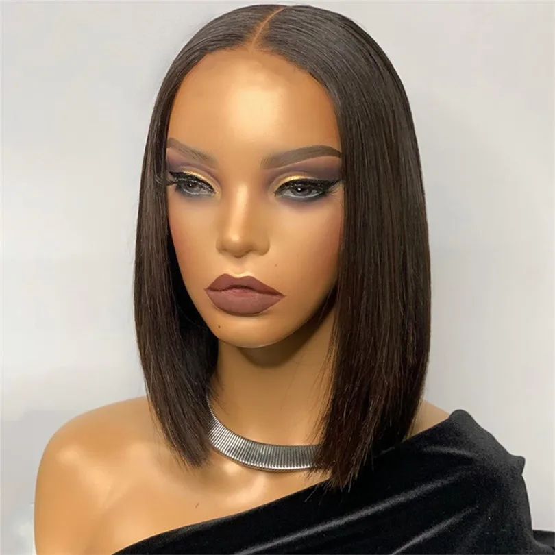 

Natural Black Synthetic Full mechanism Wigs Heat Resistant Short Bob Silky Straight Middle Part Wig For Women