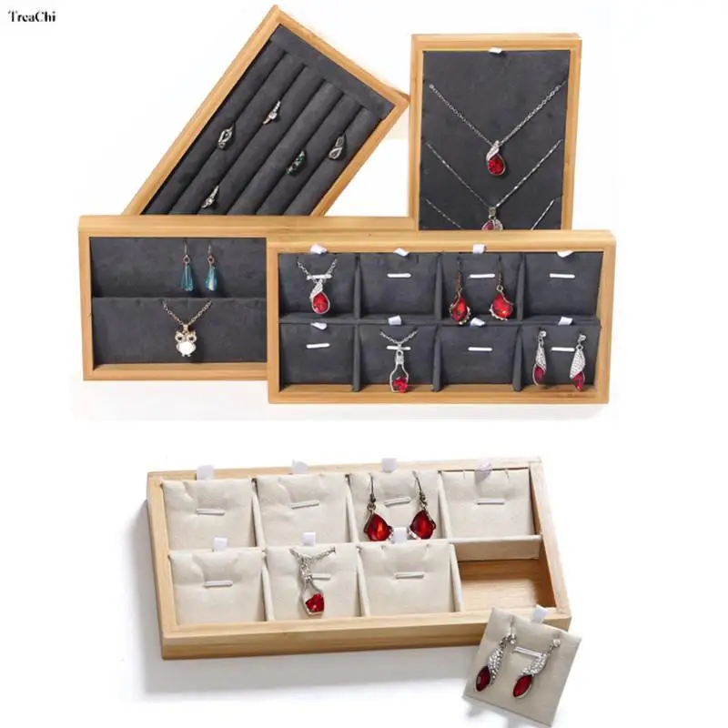 

Natural Drawer Bamboo Velvet Jewelry Display Trays Jewelry Carrying Case Earring Pendant Bracelet Organizer Gem Jade Storage Box