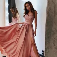 Розовая Румяна для выпускного вечера платья ТРАПЕЦИЕВИДНОЕ милое кружевное длинное платье для выпускного вечера сексуальное атласное платье с разрезом vestido formatura вечерние платья