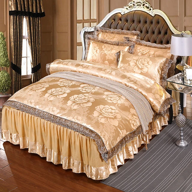 Parure de lit en satin Jacquard doré, couvre-lit en dentelle, housse de  couette, couvre-lit
