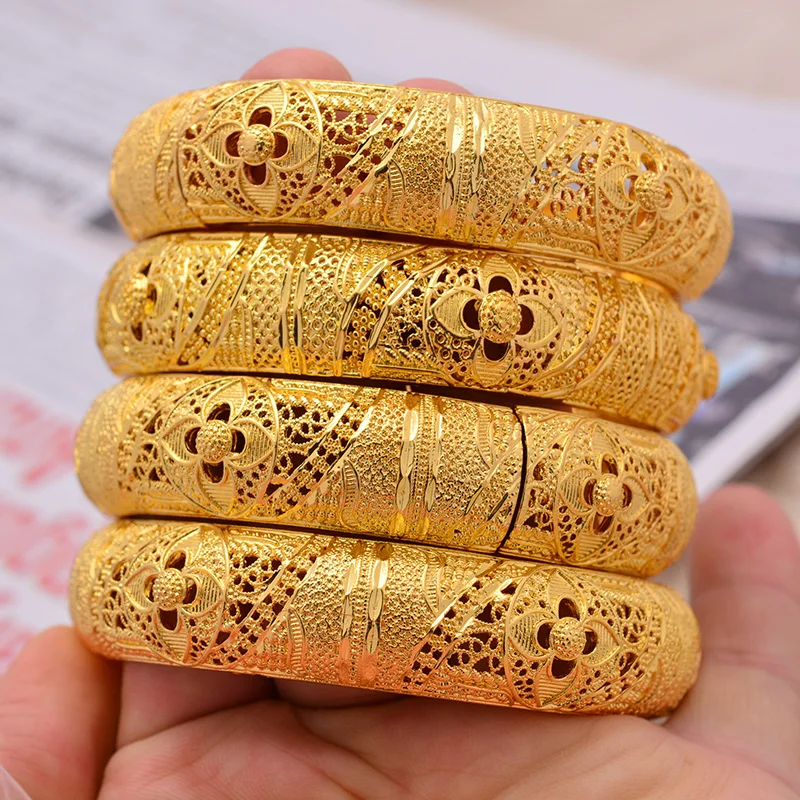 24K 4Pcs/lot Dubai Gold Color Bride Bangles for Womens Ethiopian Bangle Bracelets African Jewellery Middle East Arabic Ornaments | Украшения