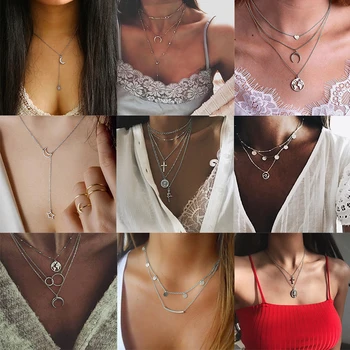

Vintage Chain Coin Necklace for Women Bohemian Multilayer Silver Color Chokers Collar Circle Map Horns pendant Necklace Jewelry