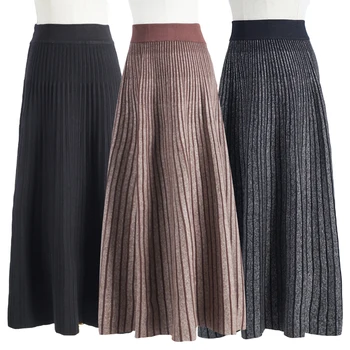 

Autumn Women Knitted Skirt Pleated Long Skirts Reversible Maxi Knit Elastic A-Line Skirt Swing High Waist Solid Color Fashion