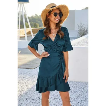 

BORRUICE 2020 Fashion Women Mini Dress Summer Elegant Slim-fit Solid High Waist Short Ruffled Sleeve V-neck A-line Dress