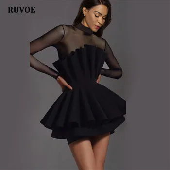 

High Quality Black Slim Lace Long Sleeve Dress Women A-Line Ruched Night Club Dresses Celebrity Party Dress Plus Size EN-024