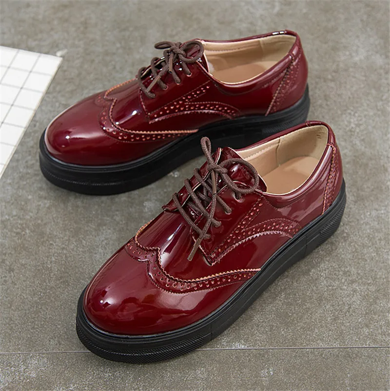 British Style Patent Leather Oxford Shoes For Woman Carved Soft Bottom Flat Platform Women`s Brogues Shoes Size 33-43 Creepers (11)