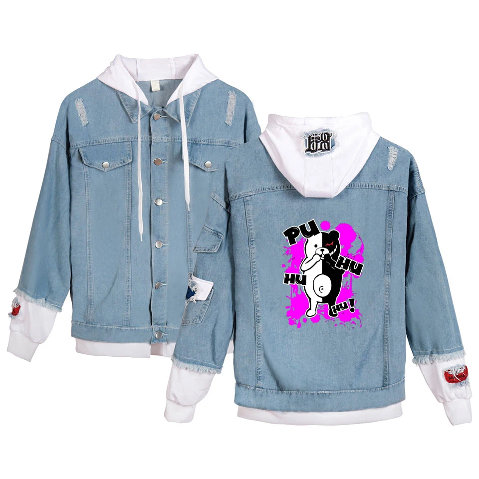 Women/men Dangan Ronpa Hooded Denim Jacket For Women Casual Jeans Jacket Holes Vintage Coat Female loose Streetwear Basic Coats
