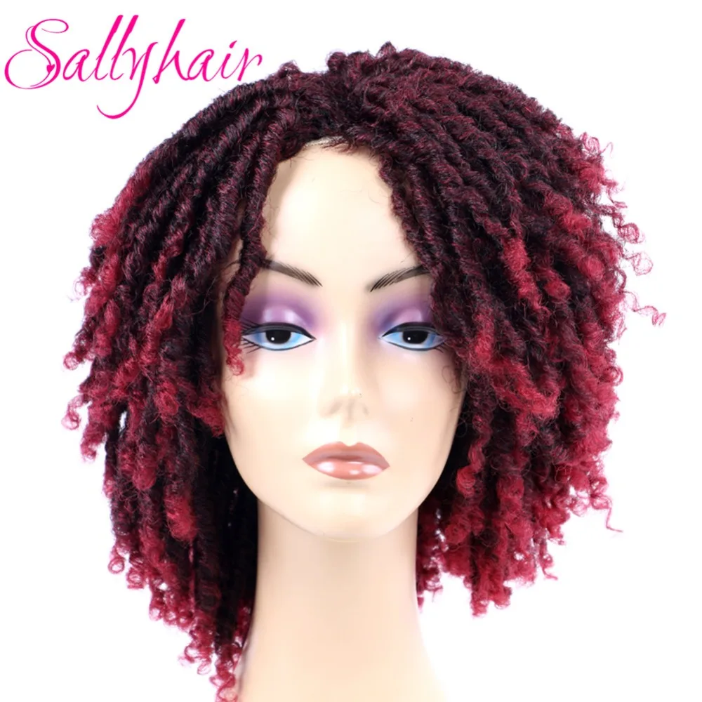 Dreadlock Hair Wig for Black Woman 14 inch Black Ombre Burgundy Brown Color Short Curly Faux Locs Braids Wigs (4)