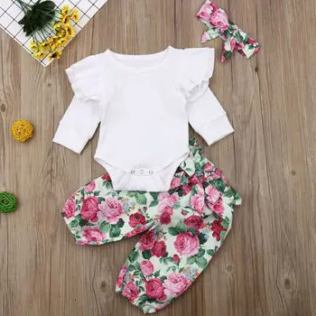 

Newborn Baby Girl Long Sleeve Romper Printing Pants Headband Outfits Clothes AU