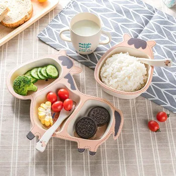 

5pcs Cutlery Set Degradable Bamboo Fiber Children Easy To Clean Gifts Tableware with Spoon Bowl Plate Cup Fork Dinnerware Sets