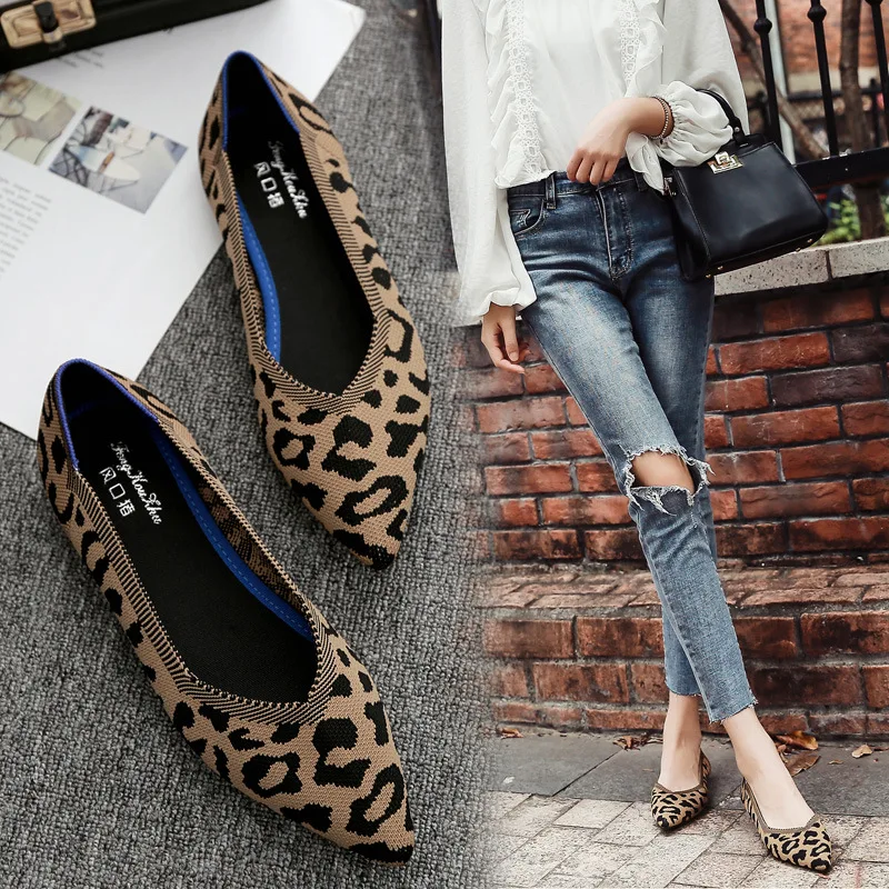 Ballerinas Leopard knitting flat shoes woman summer mixed color pointy loafers slip on moccasins ladies shallow espadrilles cozy women sandals women loafers
