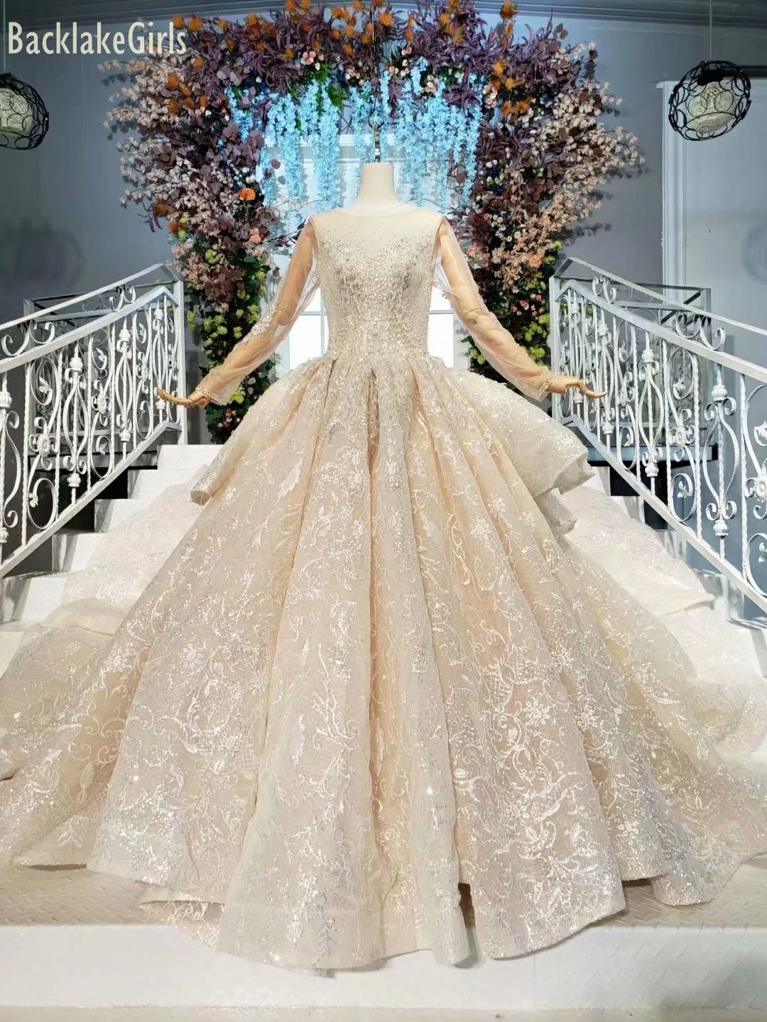 BacklakeGirls Vestido De Noiva Com Manga шампанское круглый вырез полный рукав Королевский поезд принцесса свадебное платье с жемчужными кристаллами